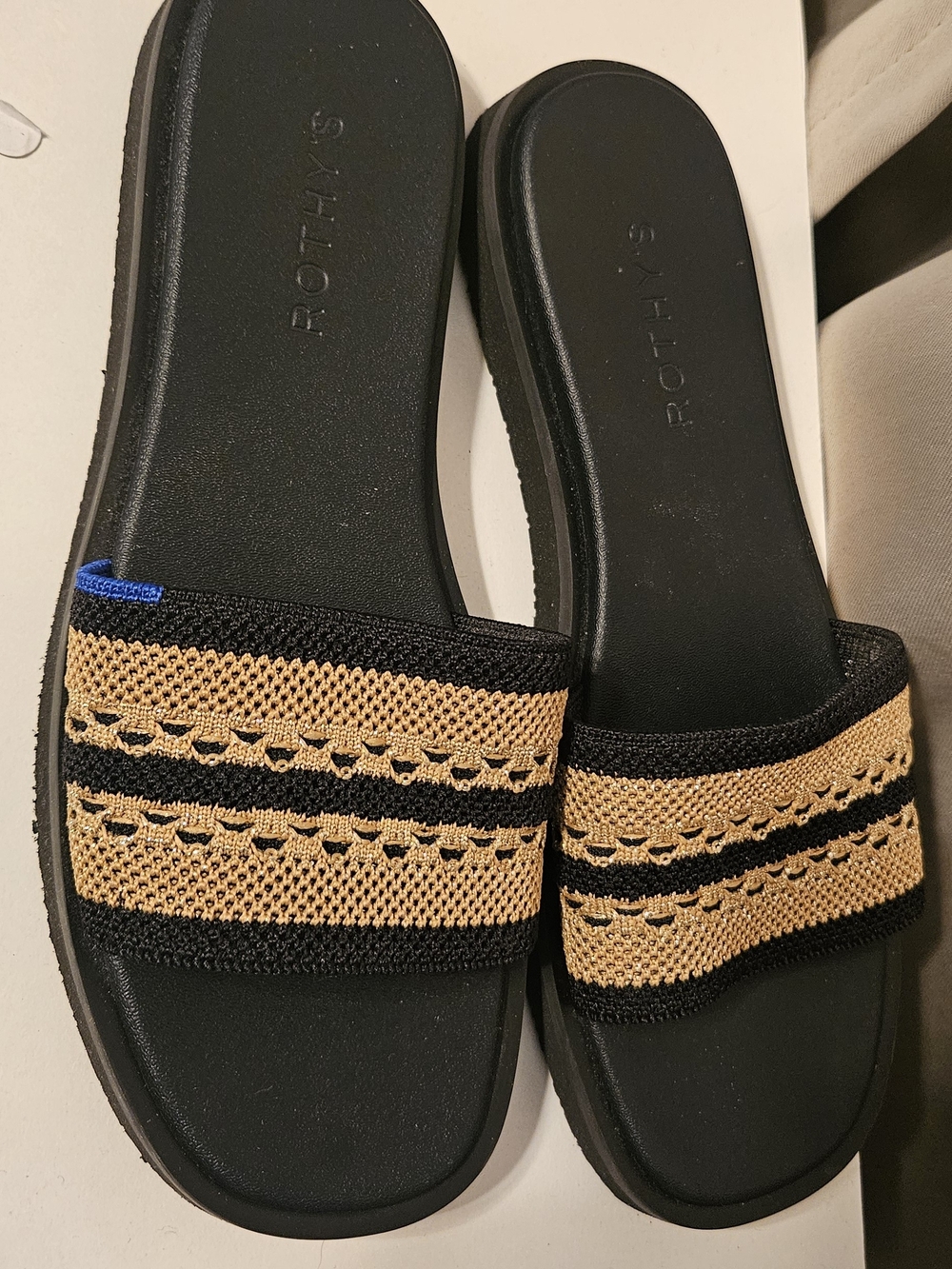 Rothy's Women's Black & Tan Knit Slide Sandals